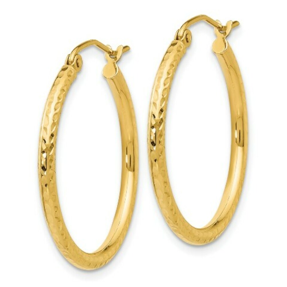 14K Yellow Gold Diamond-cut 2mm Round Tube Hoop Earrings  25mm length