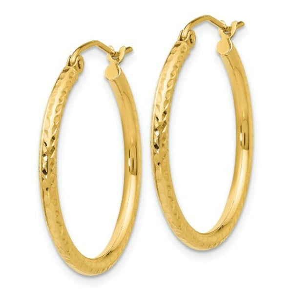 14K Yellow Gold Diamond-cut 2mm Round Tube Hoop Earrings  25mm length
