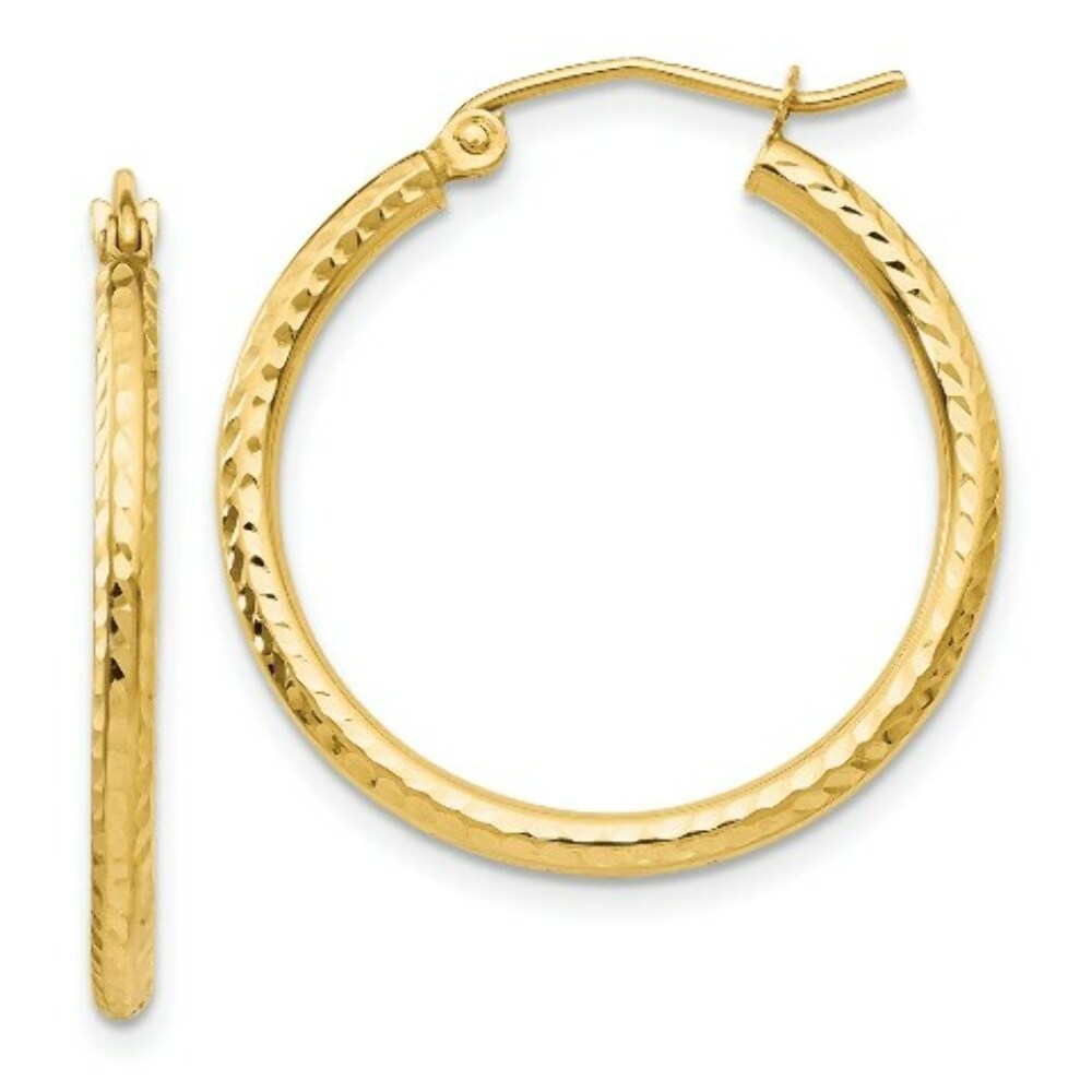 14K Yellow Gold Diamond-cut 2mm Round Tube Hoop Earrings  25mm length