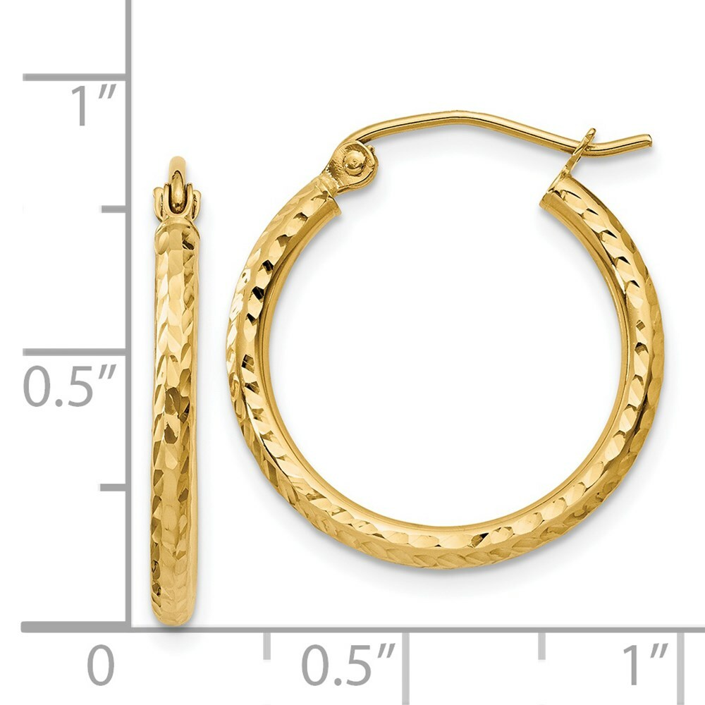 14K Yellow Gold Diamond-cut 2mm Round Tube Hoop Earrings  20mm length