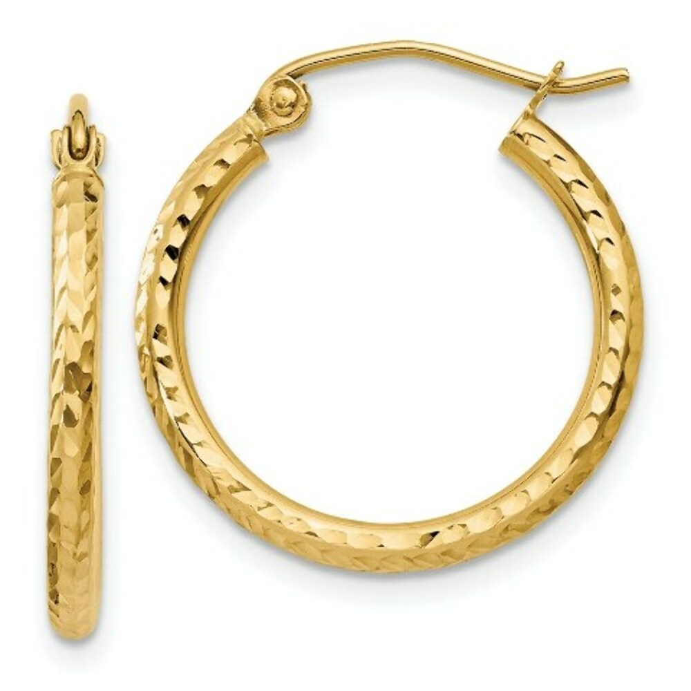14K Yellow Gold Diamond-cut 2mm Round Tube Hoop Earrings  20mm length