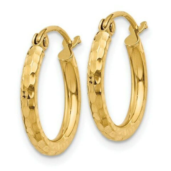 14K Yellow Gold Diamond-cut 2mm Round Tube Hoop Earrings  15mm length