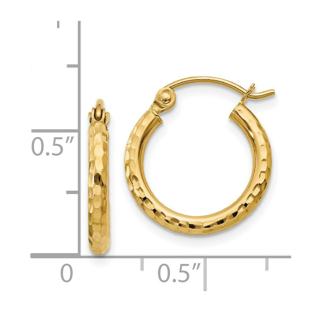 14K Yellow Gold Diamond-cut 2mm Round Tube Hoop Earrings  15mm length