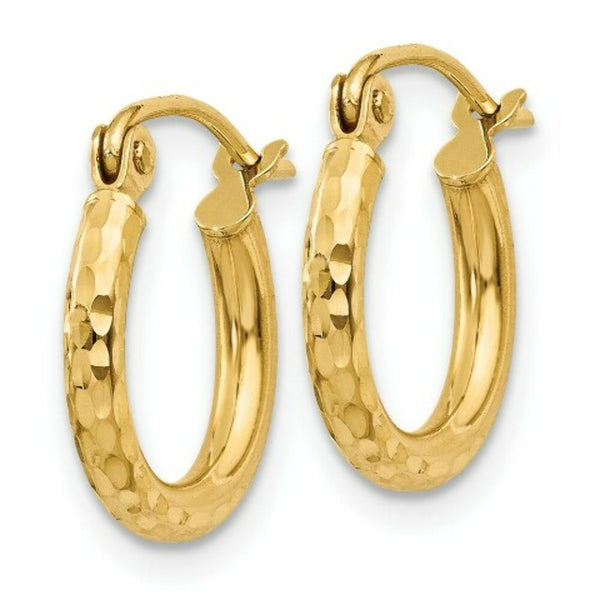 14K Yellow Gold Diamond-cut 2mm Round Tube Hoop Earrings  13mm length
