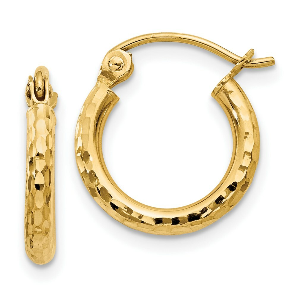 14K Yellow Gold Diamond-cut 2mm Round Tube Hoop Earrings  13mm length