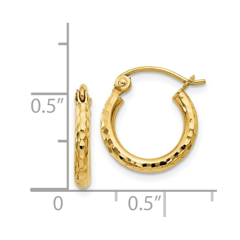 14K Yellow Gold Diamond-cut 2mm Round Tube Hoop Earrings  13mm length