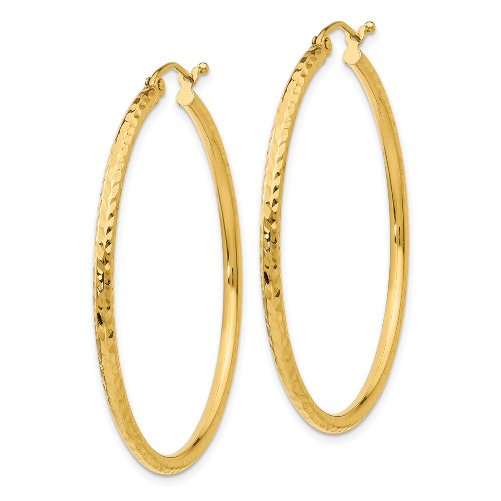 14K Yellow Gold Diamond-cut 2mm Round Tube Hoop Earrings  40mm length