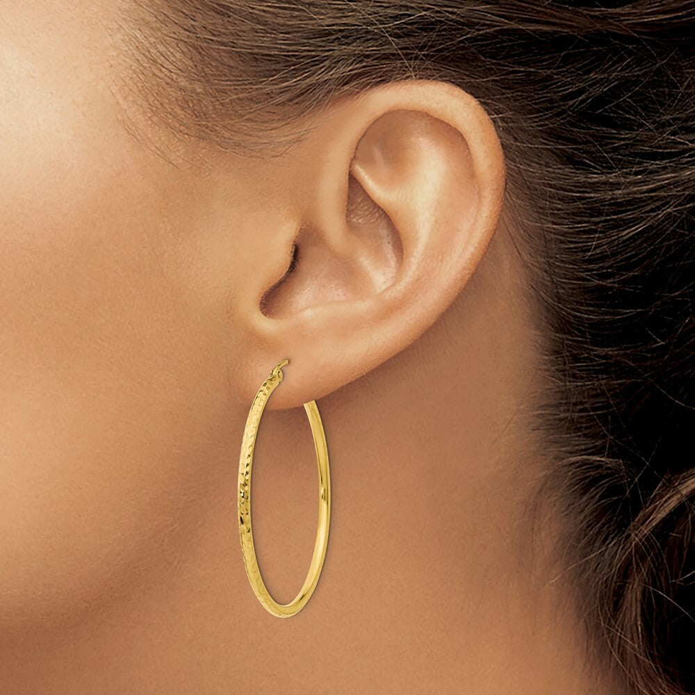 14K Yellow Gold Diamond-cut 2mm Round Tube Hoop Earrings  40mm length