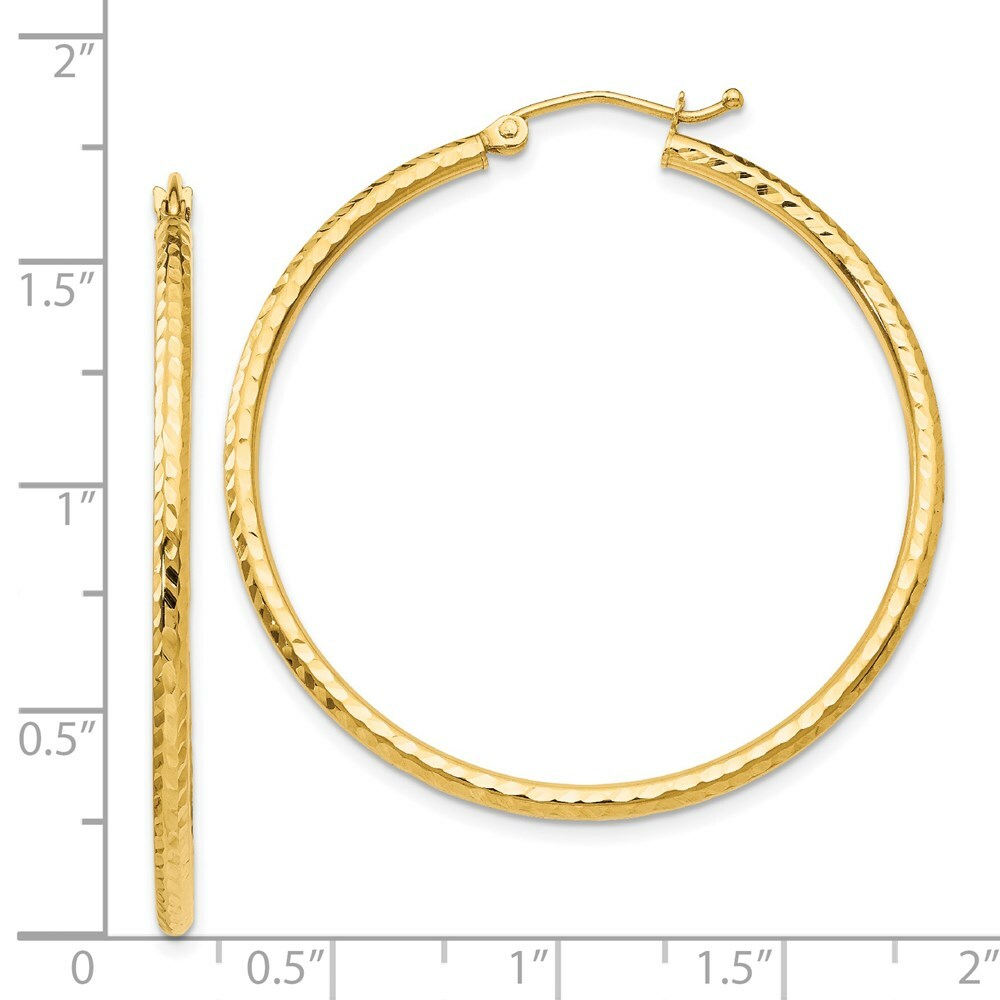 14K Yellow Gold Diamond-cut 2mm Round Tube Hoop Earrings  40mm length