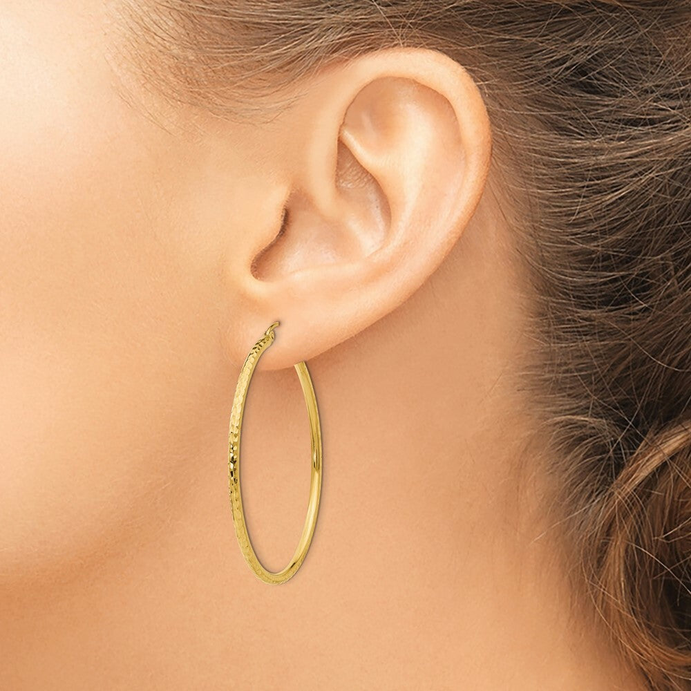 14K Yellow Gold Diamond-cut 2mm Round Tube Hoop Earrings  45mm length