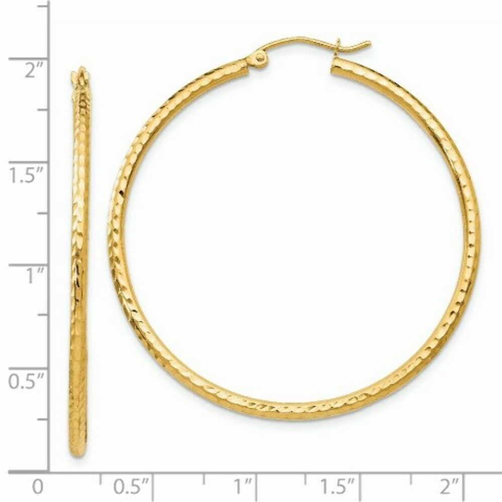 14K Yellow Gold Diamond-cut 2mm Round Tube Hoop Earrings  45mm length