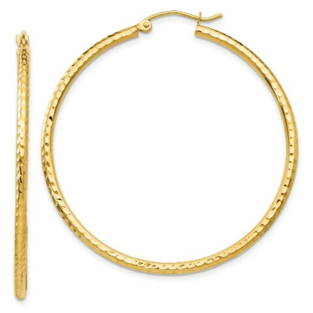 14K Yellow Gold Diamond-cut 2mm Round Tube Hoop Earrings  45mm length