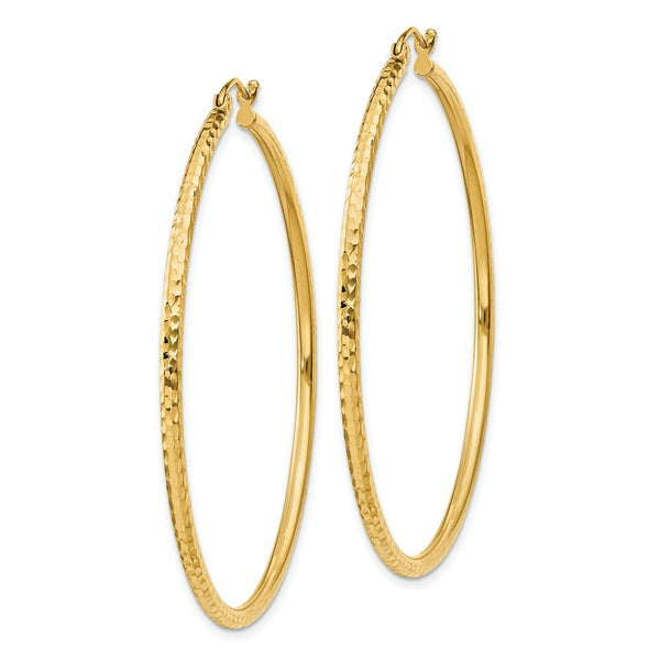14K Yellow Gold Diamond-cut 2mm Round Tube Hoop Earrings  50mm length