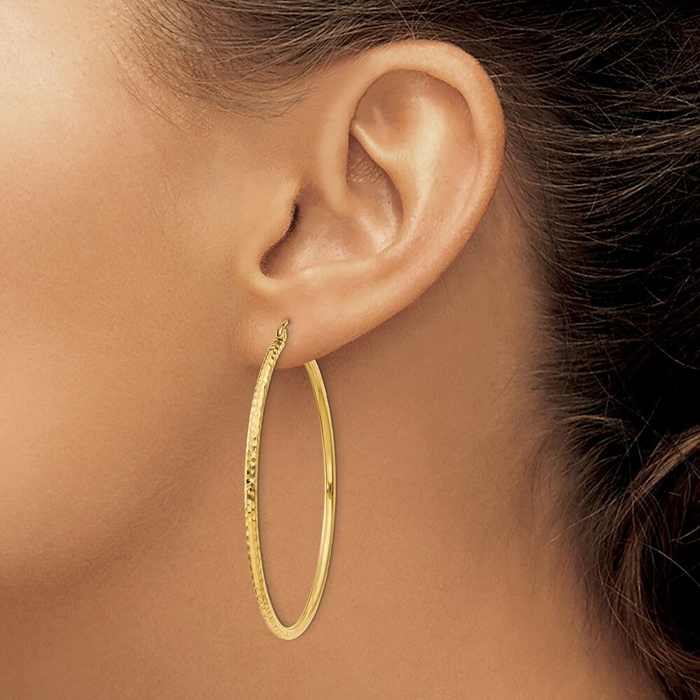 14K Yellow Gold Diamond-cut 2mm Round Tube Hoop Earrings  50mm length