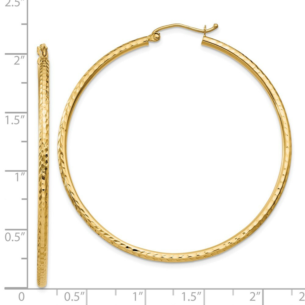 14K Yellow Gold Diamond-cut 2mm Round Tube Hoop Earrings  50mm length