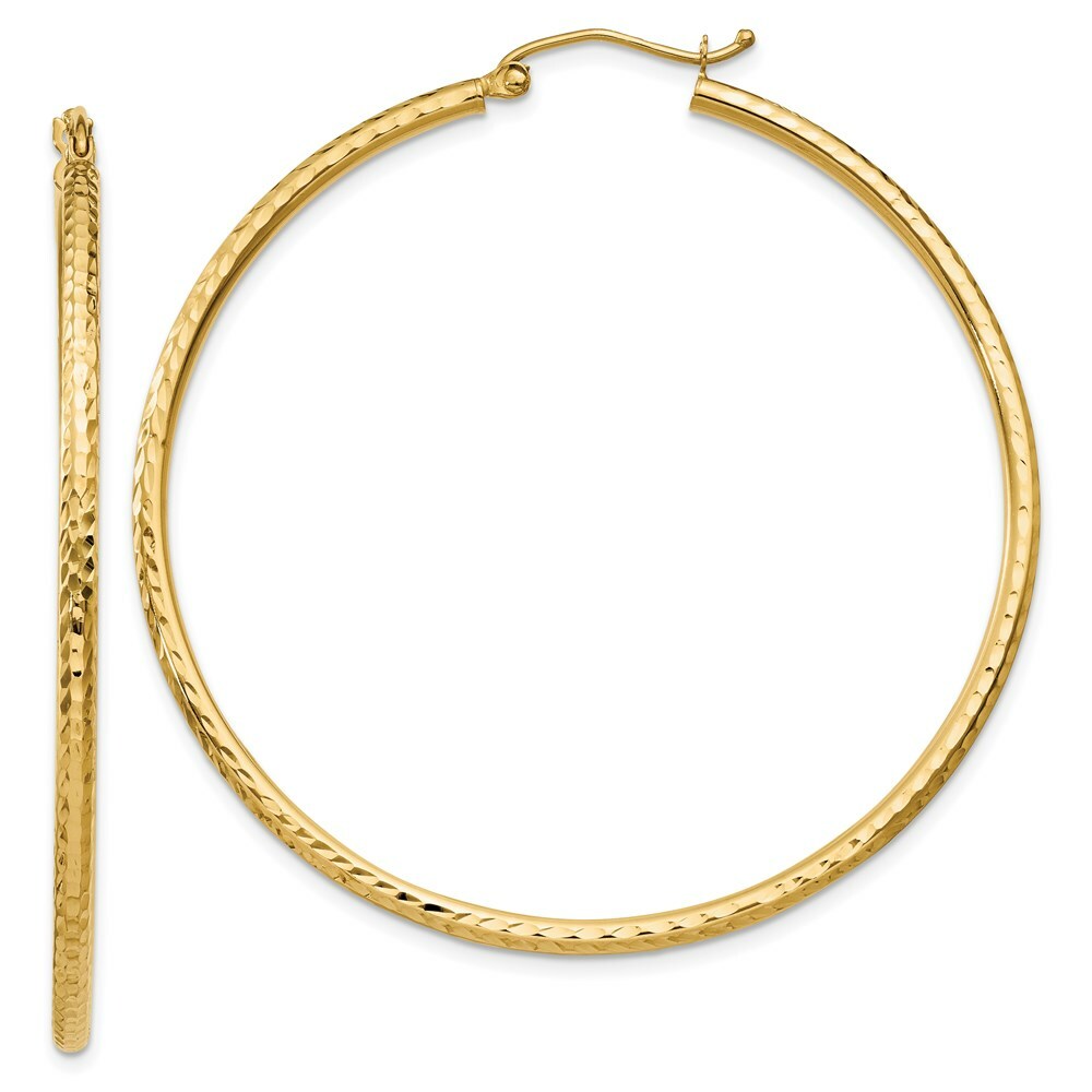 14K Yellow Gold Diamond-cut 2mm Round Tube Hoop Earrings  50mm length