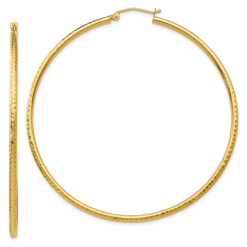 14K Yellow Gold Diamond-cut 2mm Round Tube Hoop Earrings  60mm length