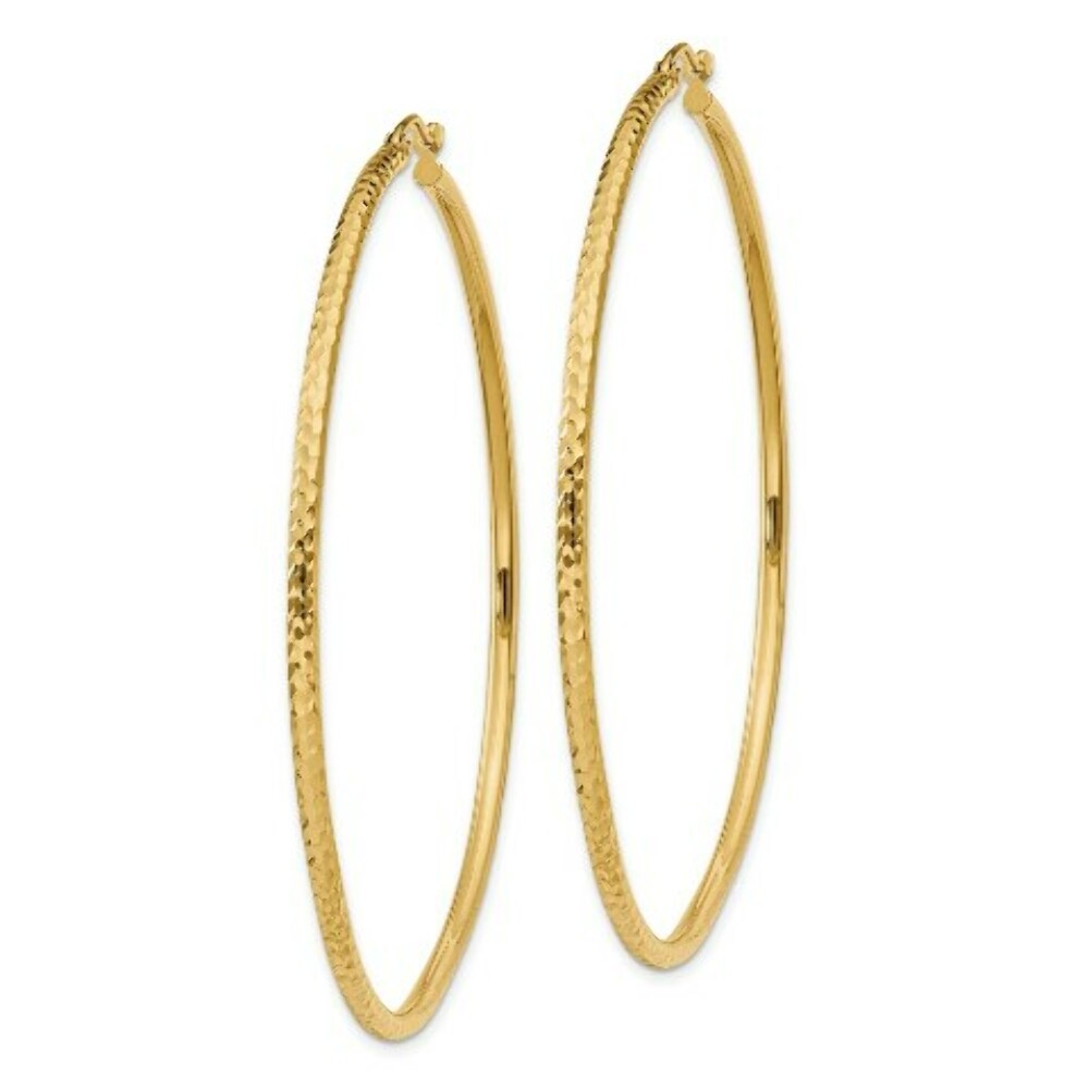 14K Yellow Gold Diamond-cut 2mm Round Tube Hoop Earrings  60mm length