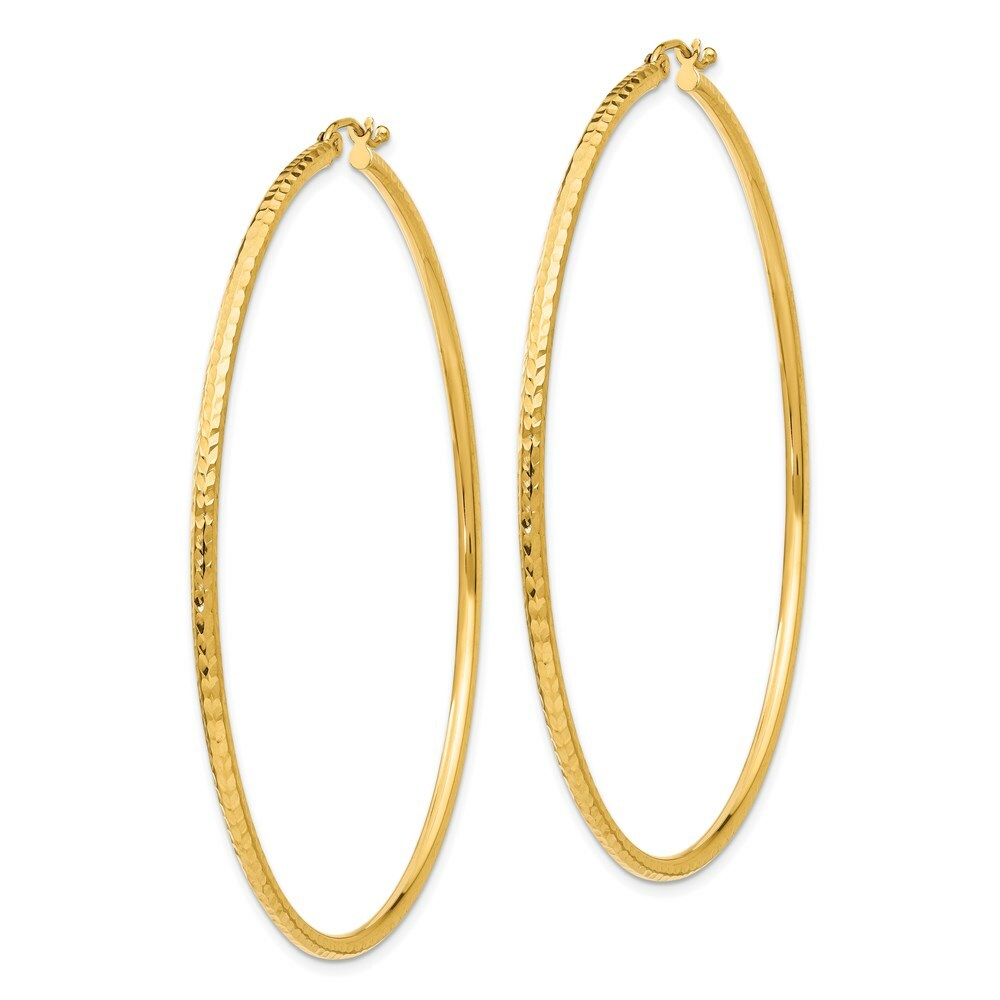 14K Yellow Gold Diamond-cut 2mm Round Tube Hoop Earrings  65mm length