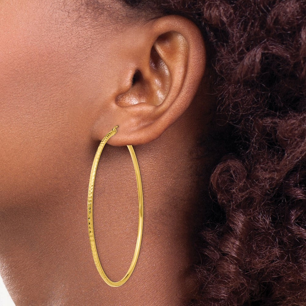 14K Yellow Gold Diamond-cut 2mm Round Tube Hoop Earrings  65mm length