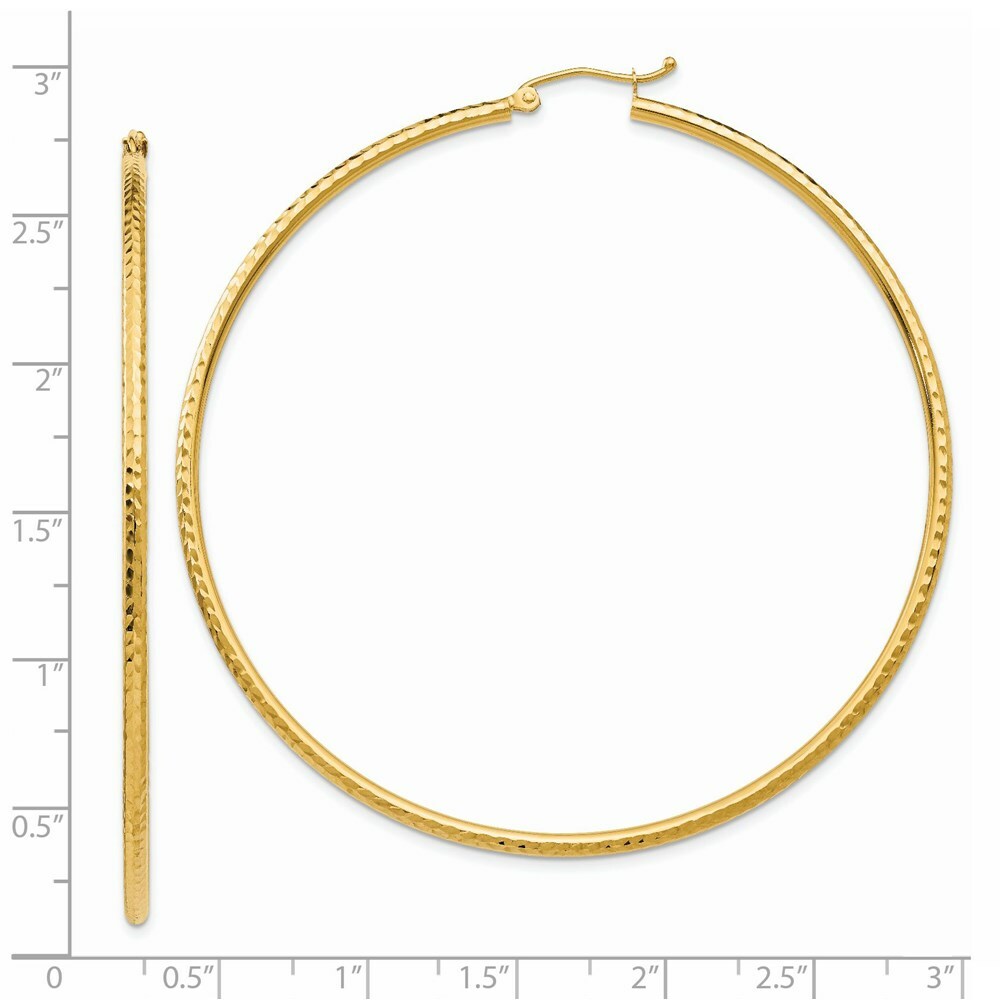 14K Yellow Gold Diamond-cut 2mm Round Tube Hoop Earrings  65mm length