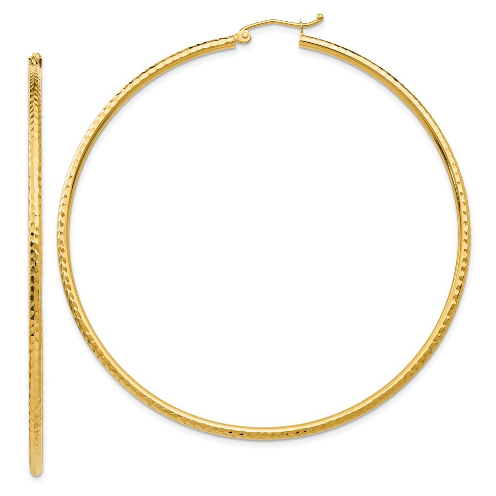 14K Yellow Gold Diamond-cut 2mm Round Tube Hoop Earrings  65mm length