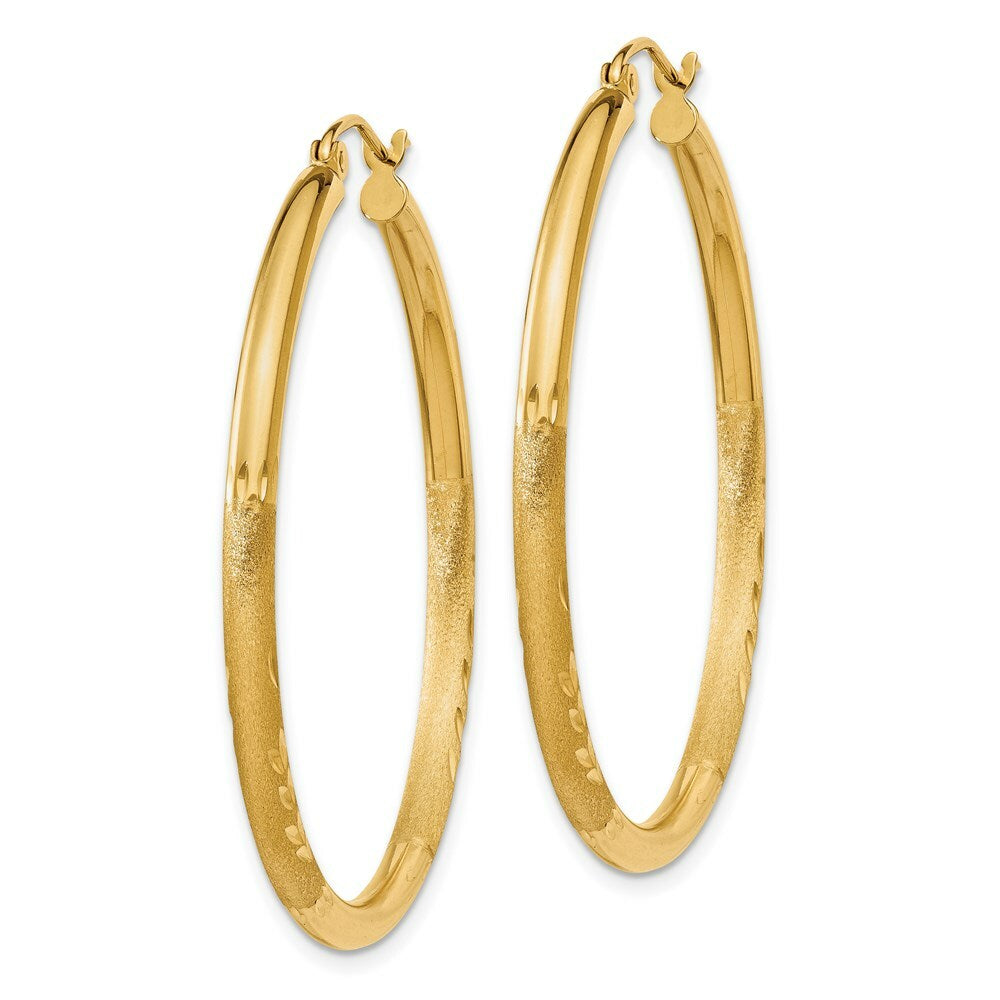 14K Yellow Gold Satin & Diamond-cut 2.5mm Round Hoop Earrings 35mm length