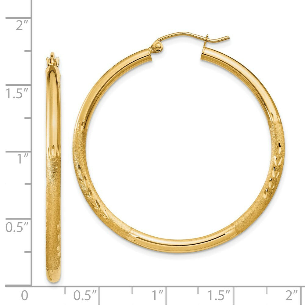 14K Yellow Gold Satin & Diamond-cut 2.5mm Round Hoop Earrings 35mm length