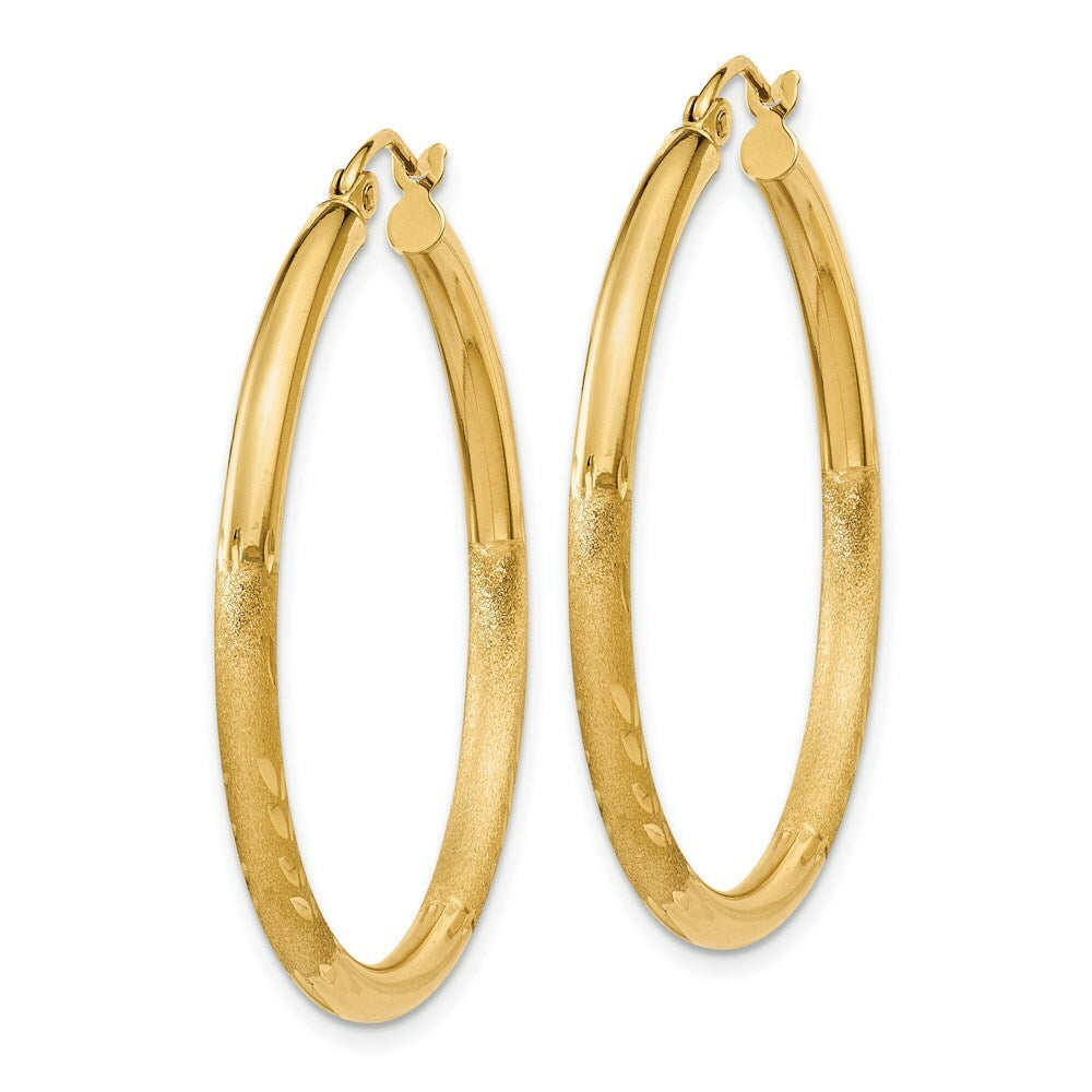 14K Yellow Gold Satin & Diamond-cut 2.5mm Round Hoop Earrings 29mm length