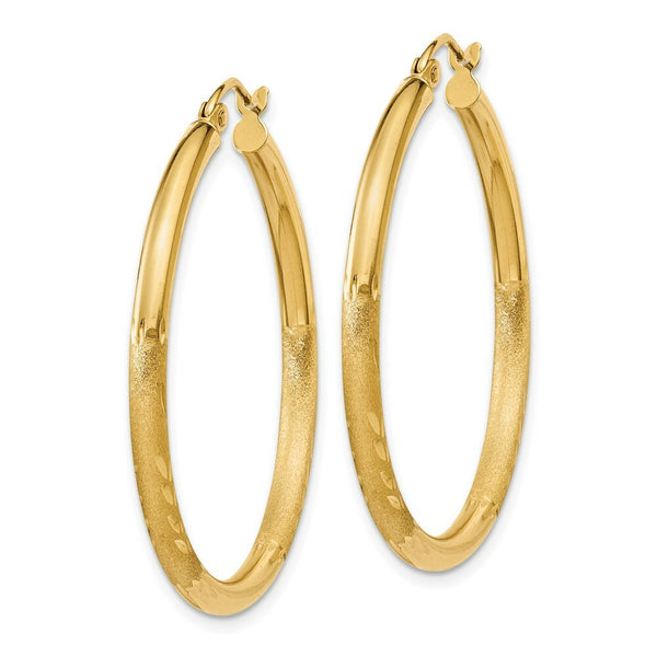 14K Yellow Gold Satin & Diamond-cut 2.5mm Round Hoop Earrings 29mm length