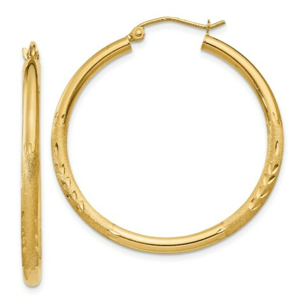 14K Yellow Gold Satin & Diamond-cut 2.5mm Round Hoop Earrings 29mm length