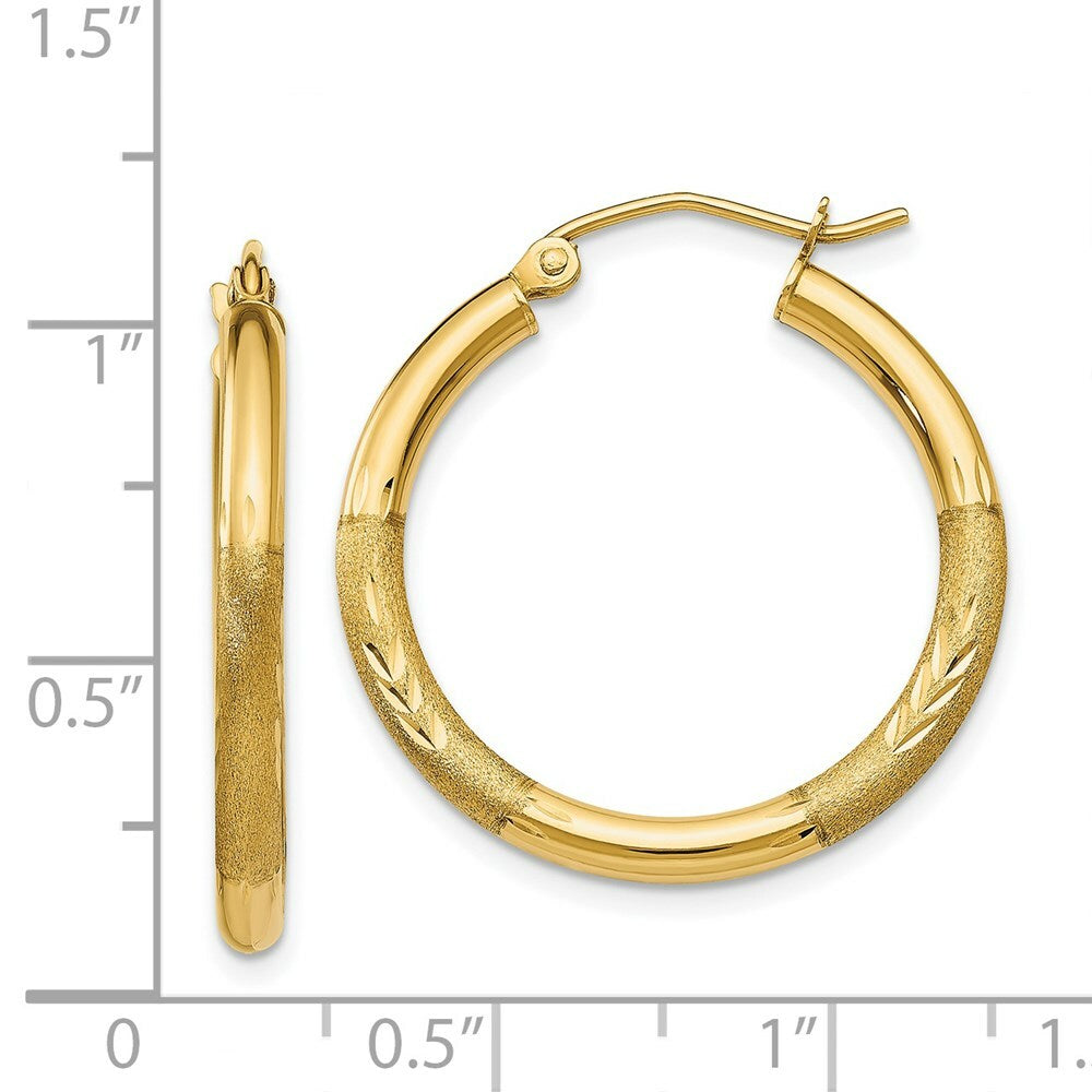 14K Yellow Gold Satin & Diamond-cut 2.5mm Round Hoop Earrings 20mm length