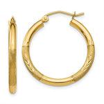 Load image into Gallery viewer, 14K Yellow Gold Satin &amp; Diamond-cut 2.5mm Round Hoop Earrings 20mm length
