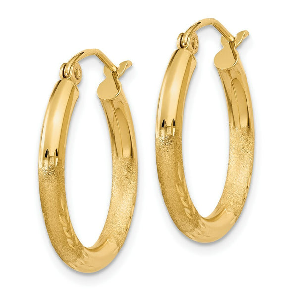 14K Yellow Gold Satin & Diamond-cut 2.5mm Round Hoop Earrings 16mm length