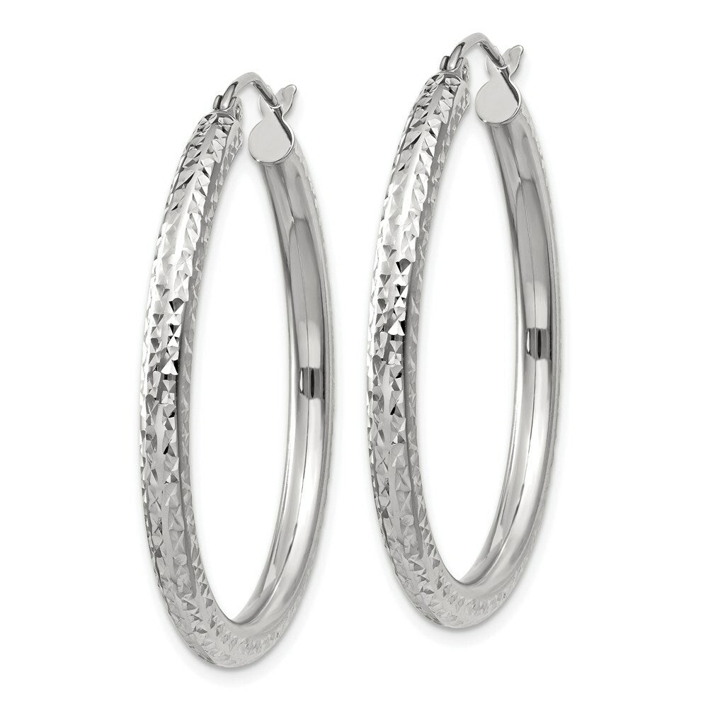 14K White Gold Diamond-cut 3mm Round Hoop Earrings 35mm length