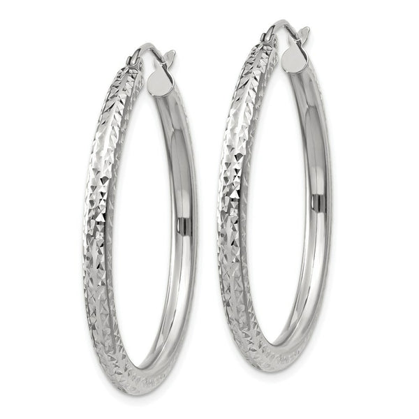 14K White Gold Diamond-cut 3mm Round Hoop Earrings 35mm length