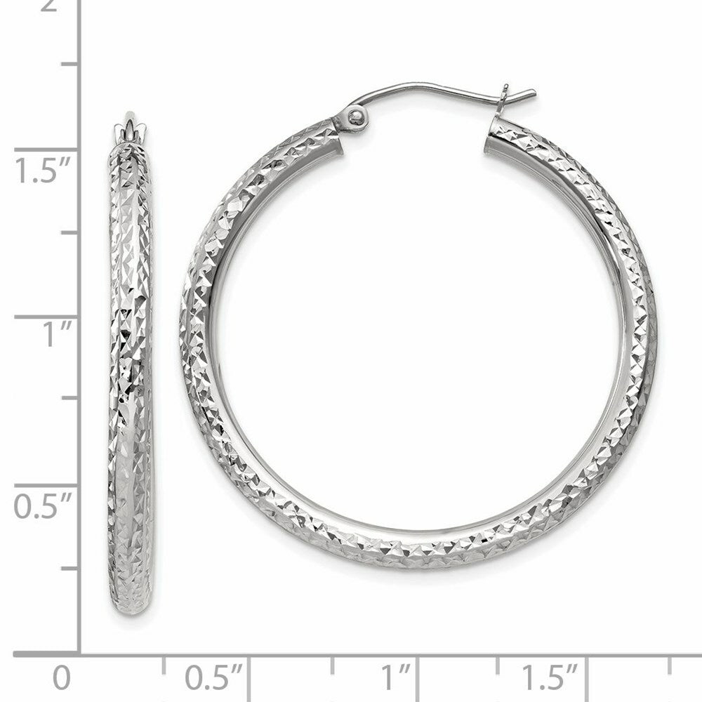 14K White Gold Diamond-cut 3mm Round Hoop Earrings 35mm length