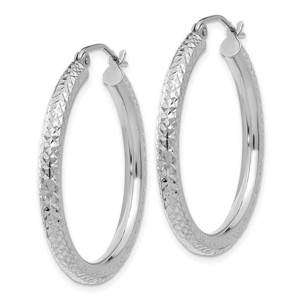 14K White Gold Diamond-cut 3mm Round Hoop Earrings 30mm length