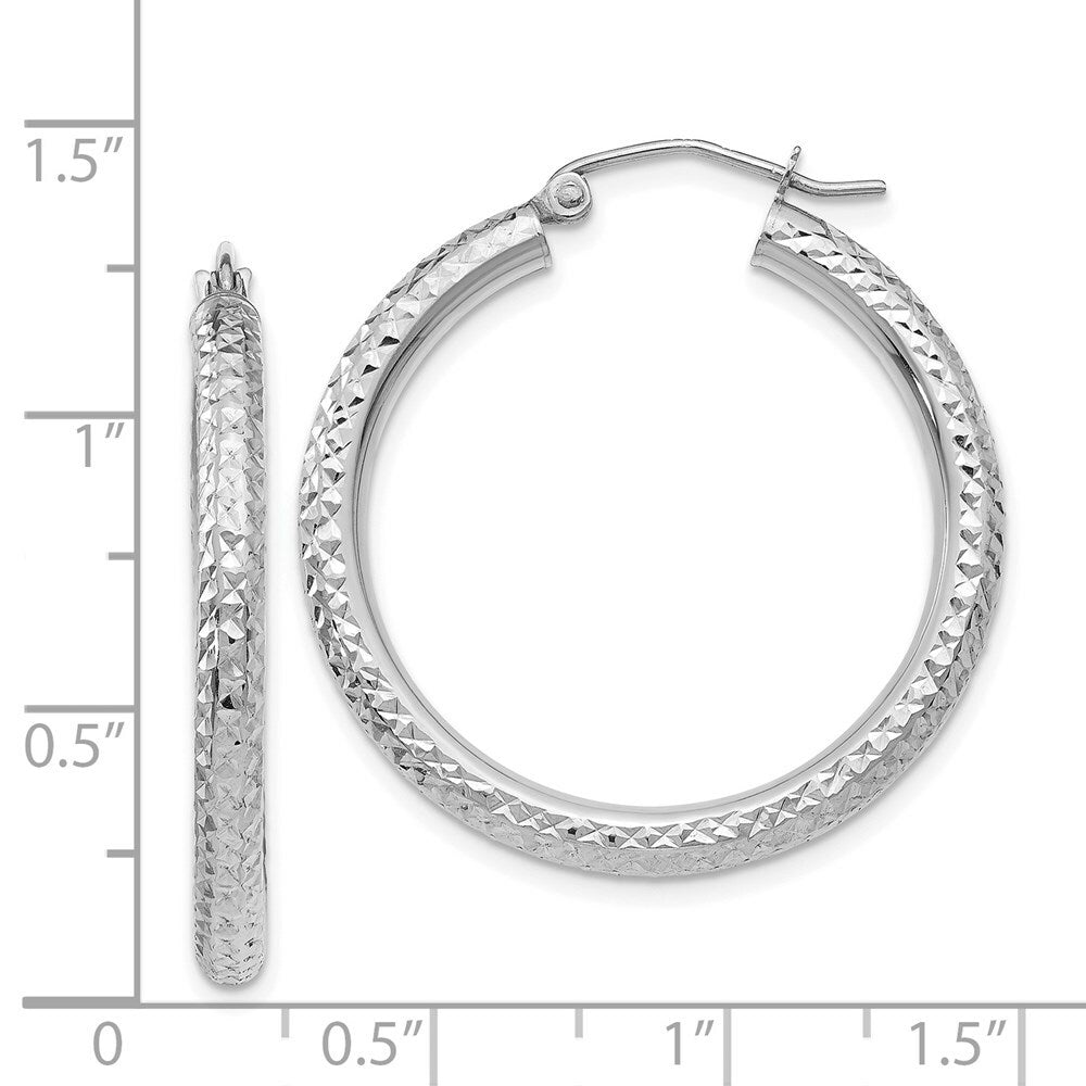 14K White Gold Diamond-cut 3mm Round Hoop Earrings 30mm length