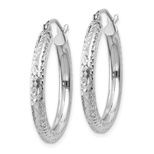 14K White Gold Diamond-cut 3mm Round Hoop Earrings 25mm length