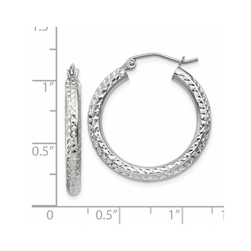 14K White Gold Diamond-cut 3mm Round Hoop Earrings 25mm length