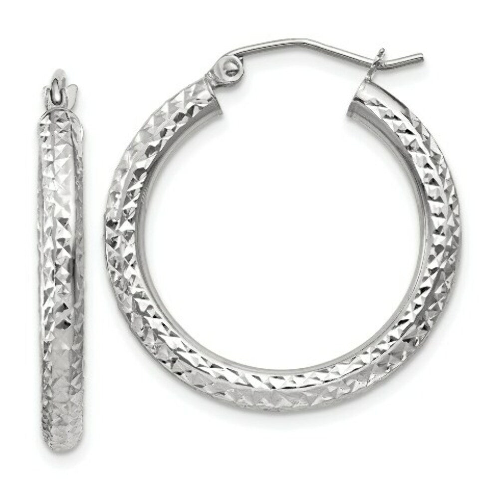 14K White Gold Diamond-cut 3mm Round Hoop Earrings 25mm length