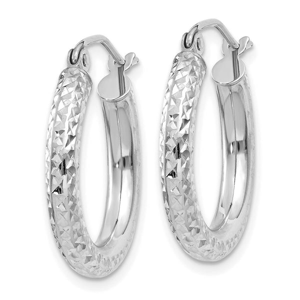 14K White Gold Diamond-cut 3mm Round Hoop Earrings 20mm length