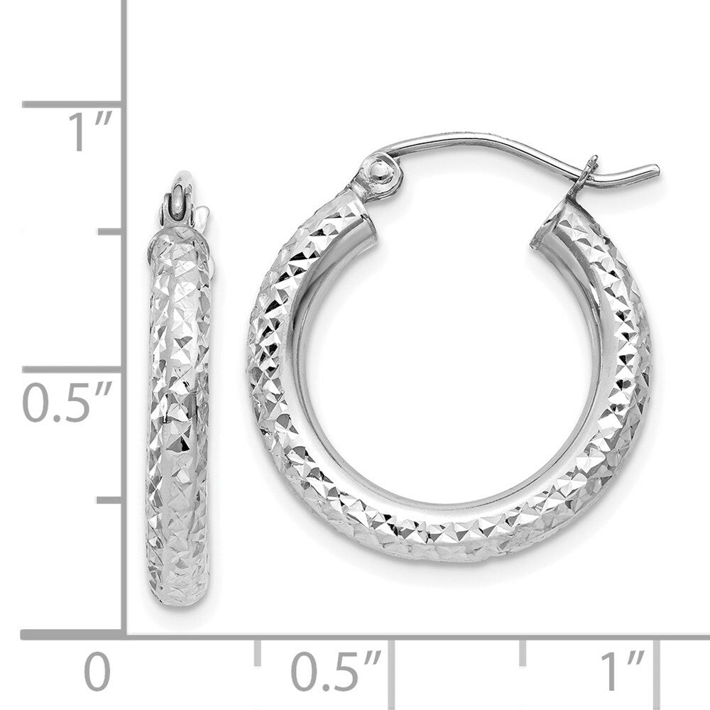14K White Gold Diamond-cut 3mm Round Hoop Earrings 20mm length