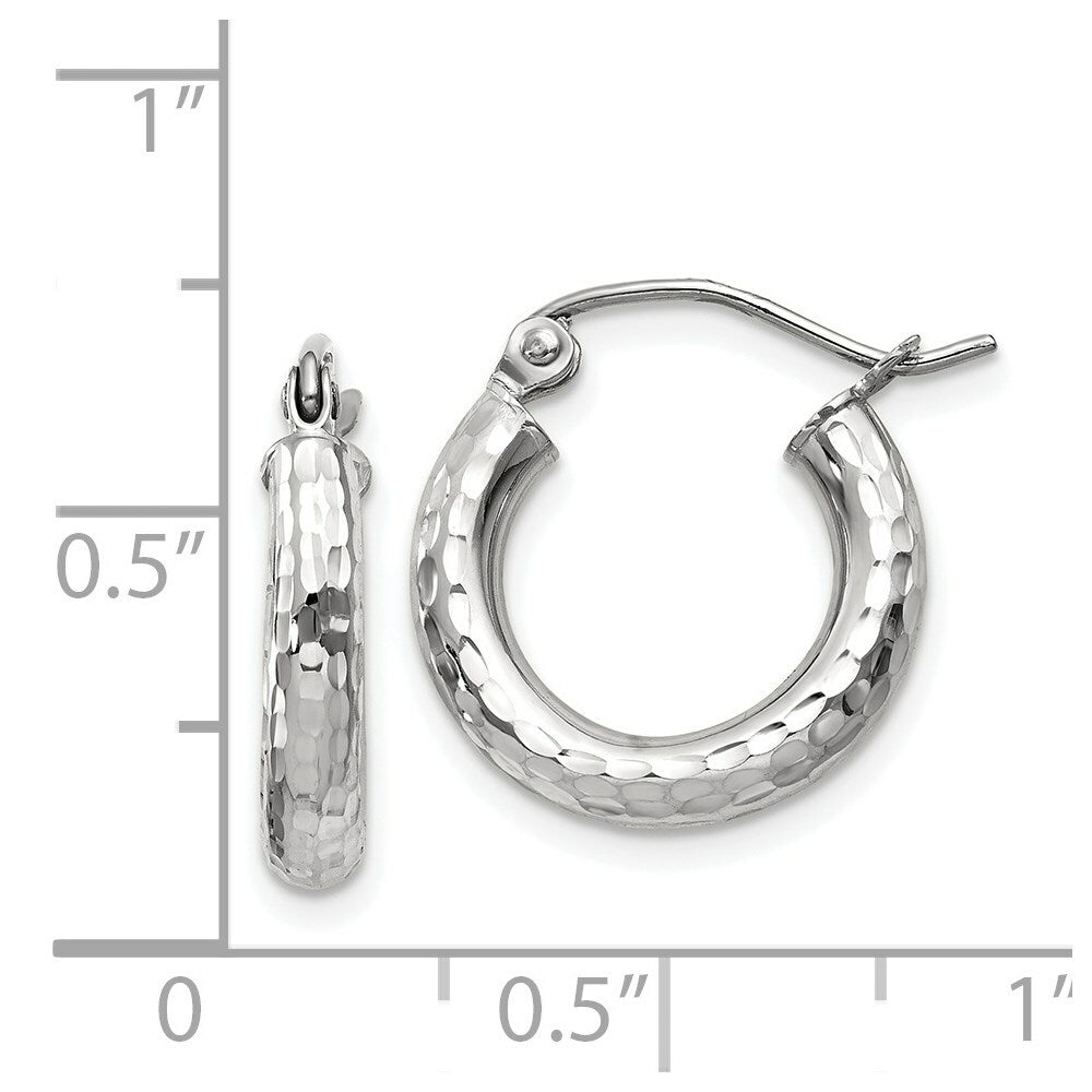 14K White Gold Diamond-cut 3mm Round Hoop Earrings 16mm length