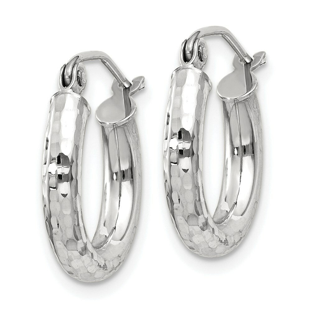 14K White Gold Diamond-cut 3mm Round Hoop Earrings 16mm length