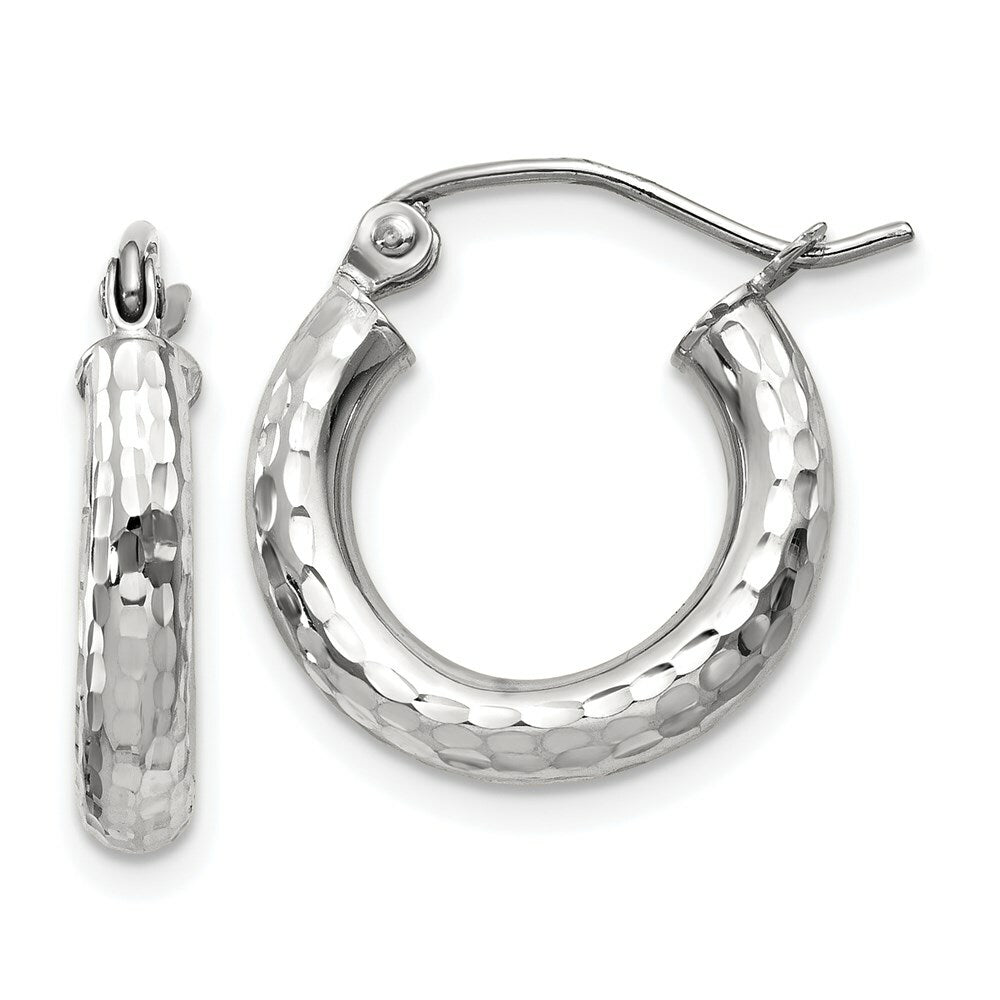 14K White Gold Diamond-cut 3mm Round Hoop Earrings 16mm length