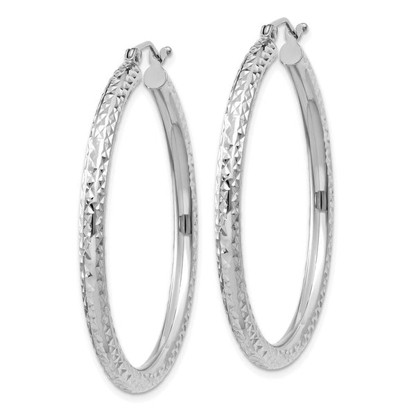 14K White Gold Diamond-cut 3mm Round Hoop Earrings 40mm length