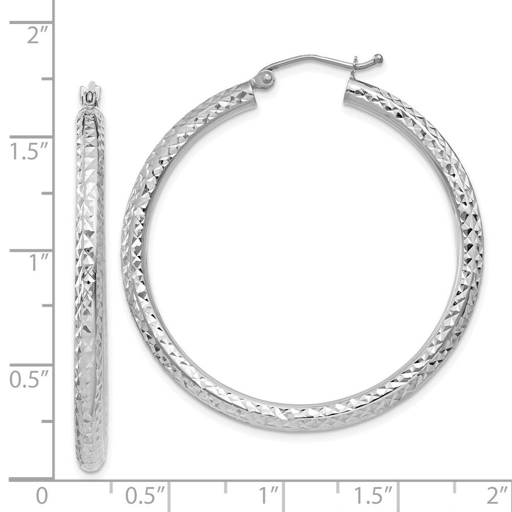 14K White Gold Diamond-cut 3mm Round Hoop Earrings 40mm length