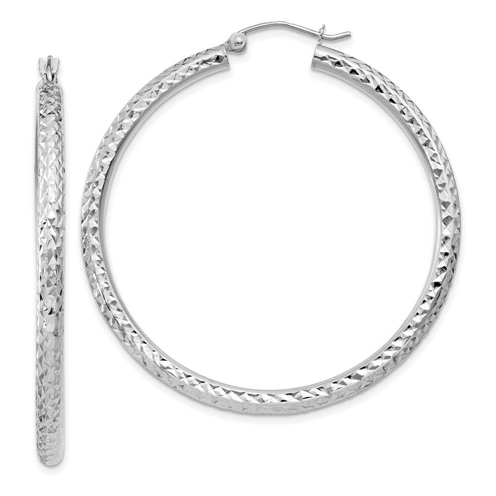 14K White Gold Diamond-cut 3mm Round Hoop Earrings 45mm length